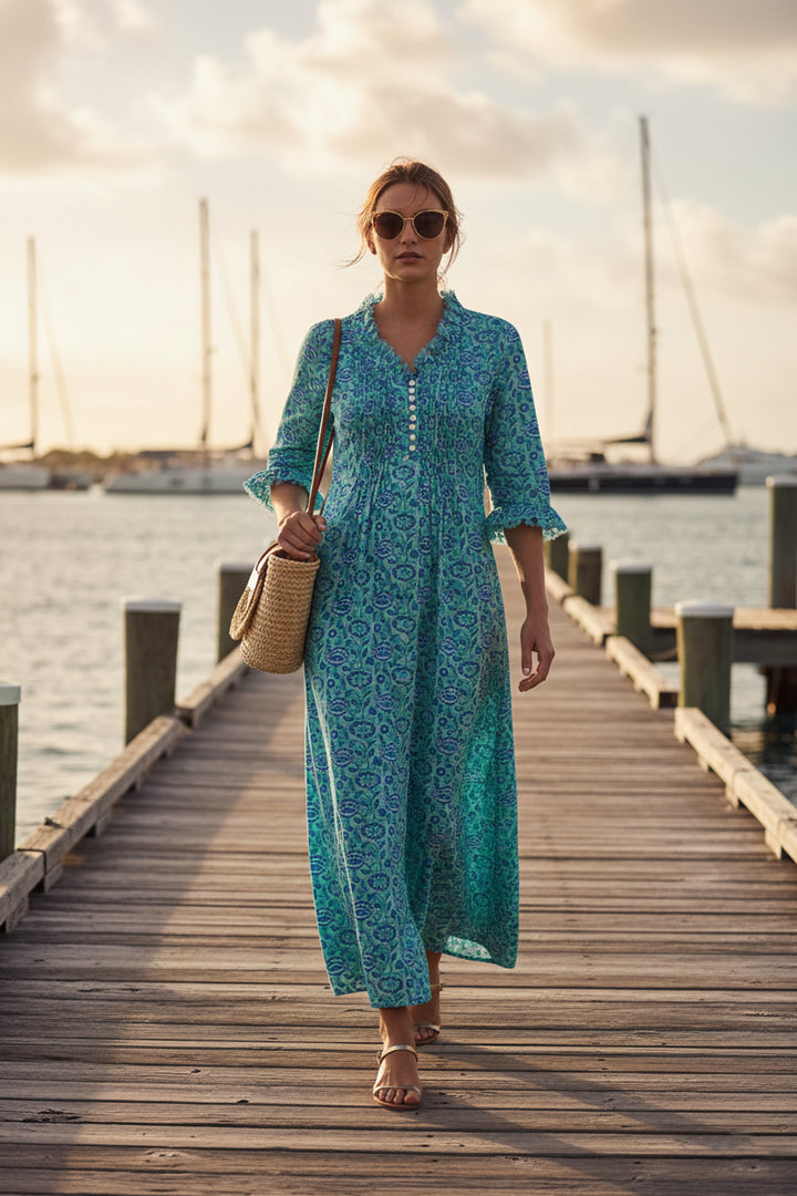 cotton annabel maxi dress Wholesale Cotton Annabel Maxi Dress in Aqua & White Ikat for your store