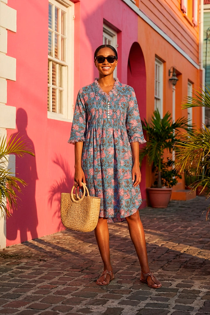 Annabel Cotton Tunic in Wedgewood & Pink Flower