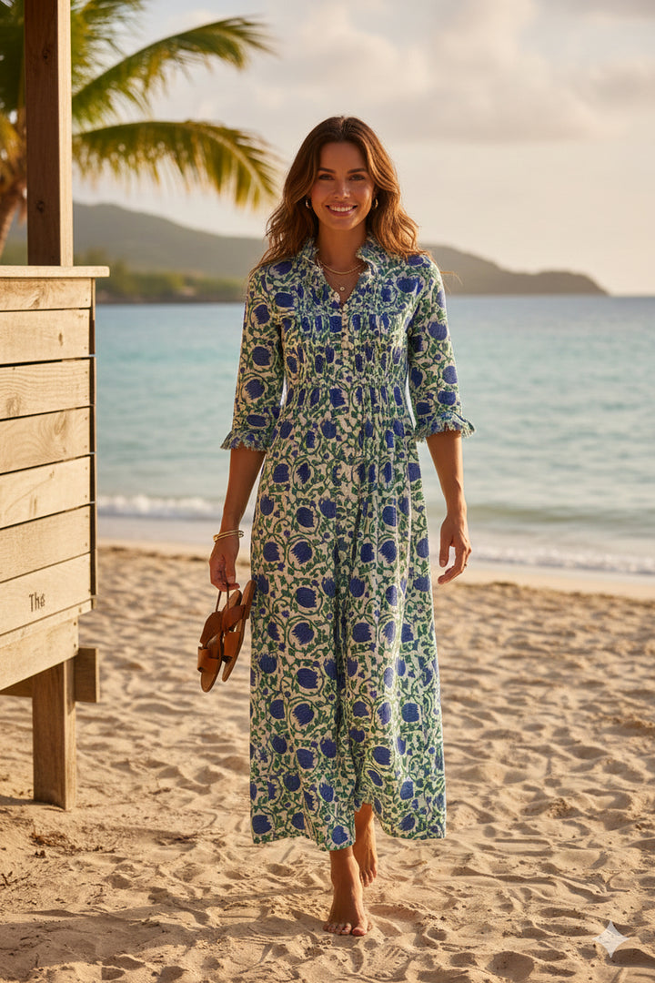 Cotton Annabel Maxi Dress in Green & Blue Vine