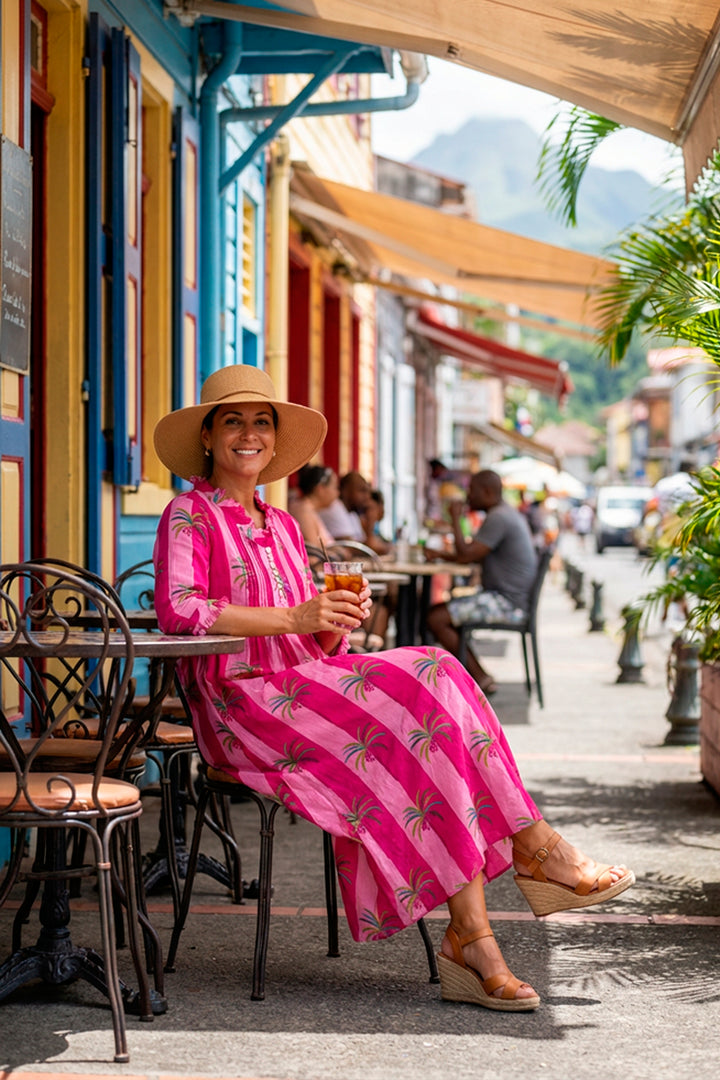 Cotton Annabel Maxi Dress in Pink Palm