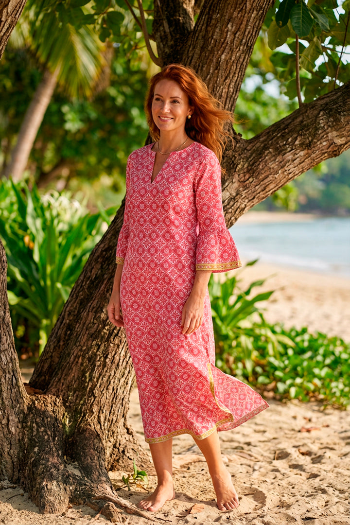 Cotton Belle Kaftan Dress in Coral & White Flower
