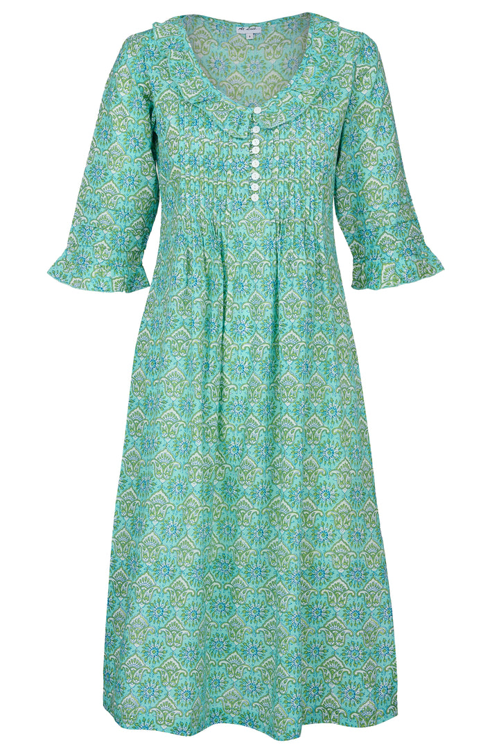 Cotton Karen 3/4 Sleeve Day Dress in Duck Egg Blue & Green
