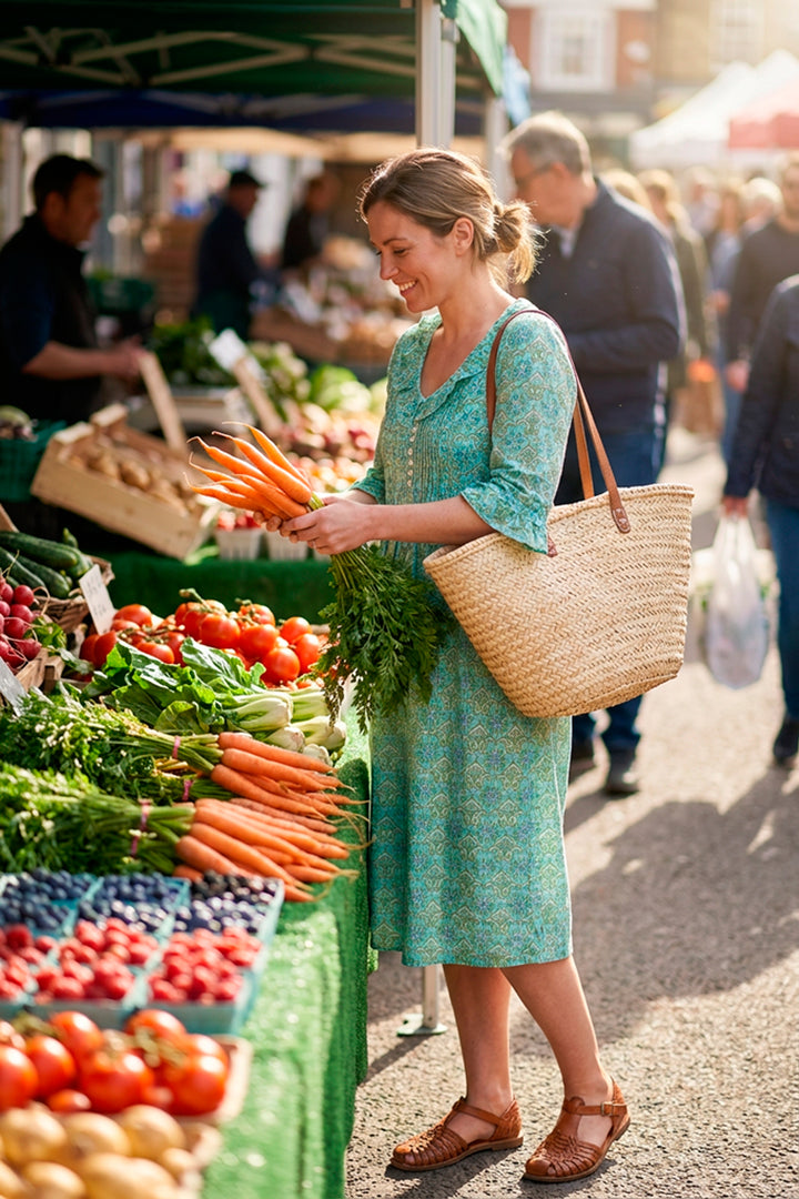 Cotton Karen 3/4 Sleeve Day Dress in Duck Egg Blue & Green
