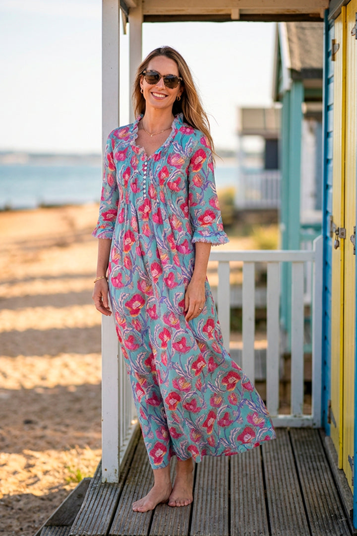 Cotton Annabel Maxi Dress in Duck Egg Flower