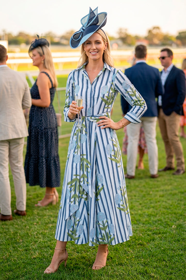 Cotton Marigold Dress in Baby Blue & Grey