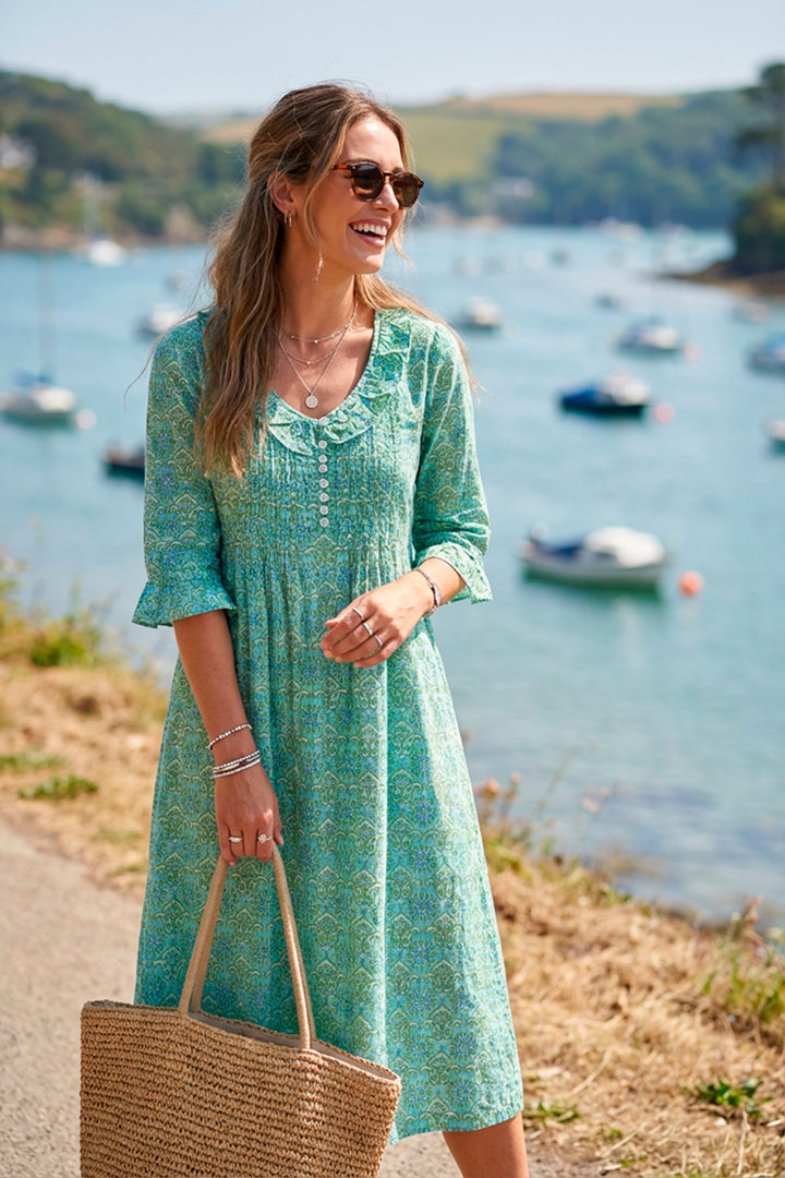 Cotton Karen 3/4 Sleeve Day Dress in Duck Egg Blue & Green
