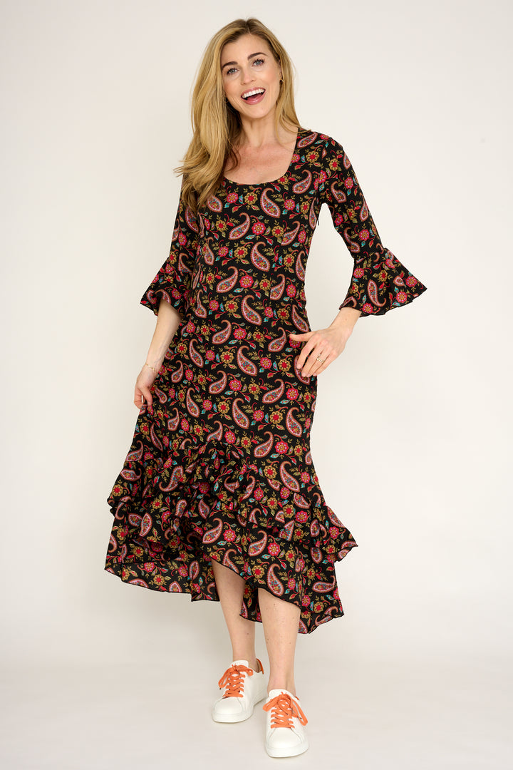 Victoria Midi Dress in Black Paisley