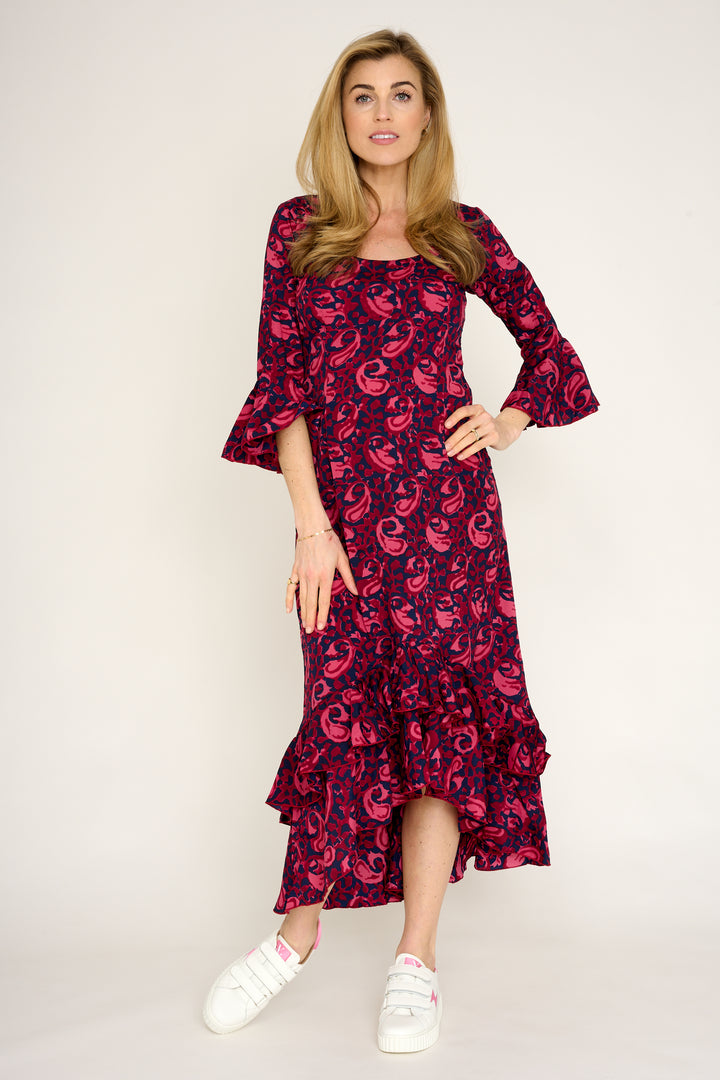 Victoria Midi Dress in Magenta & Navy Swirl