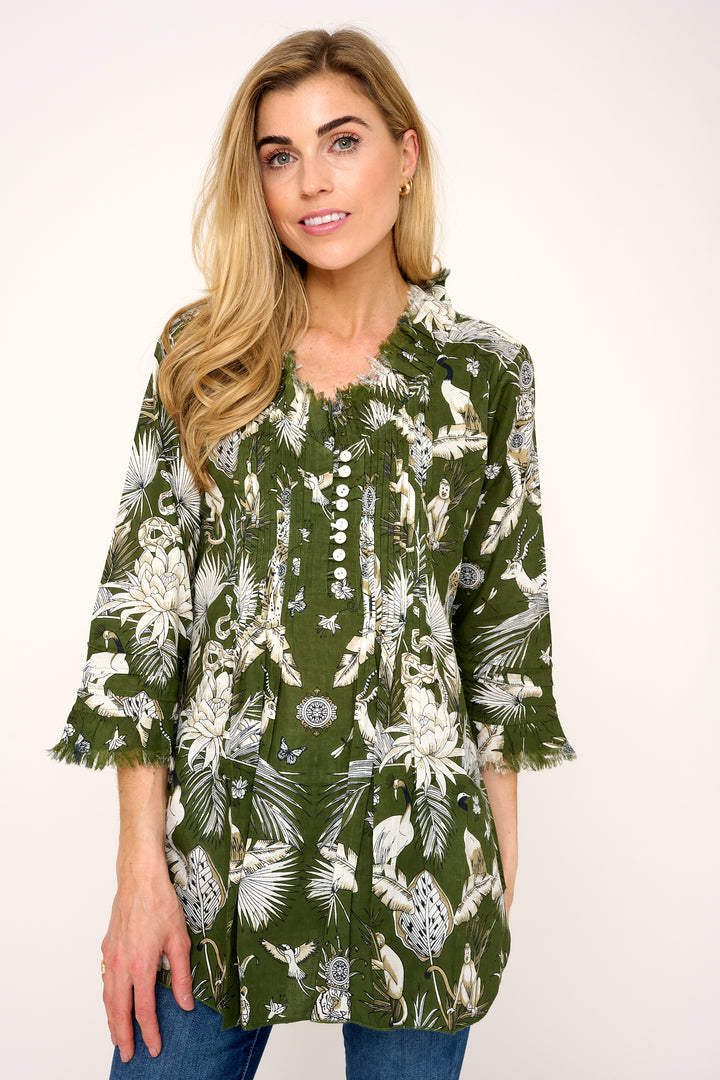 Sophie Cotton Shirt in Olive Green Tropical