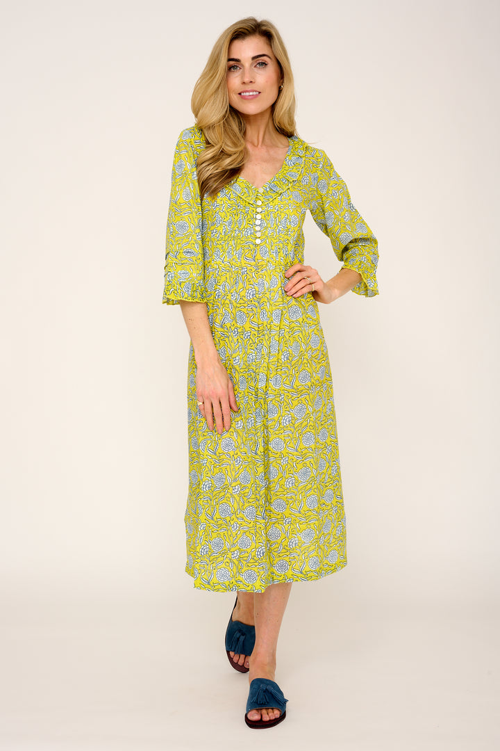 Cotton Karen 3/4 Sleeve Day Dress in Canary Yellow with White & Navy Flower