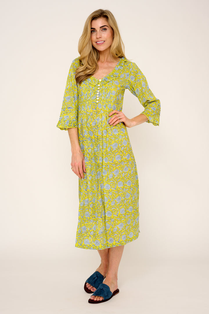 Cotton Karen 3/4 Sleeve Day Dress in Canary Yellow with White & Navy Flower