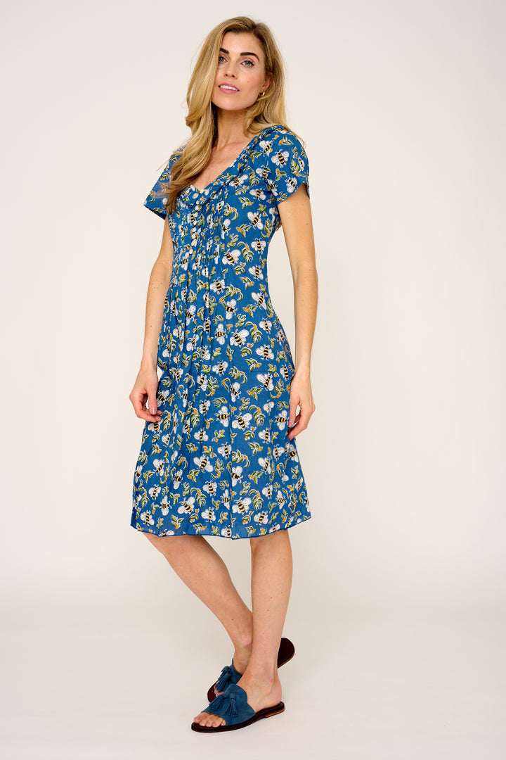 Cotton Karen Short Sleeve Day Dress in Royal Blue Busy Bee