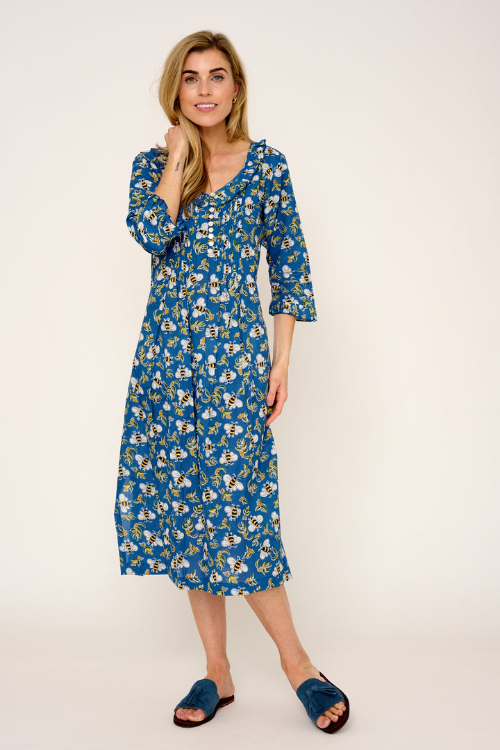 Cotton Karen 3/4 Sleeve Day Dress in Royal Blue Busy Bee