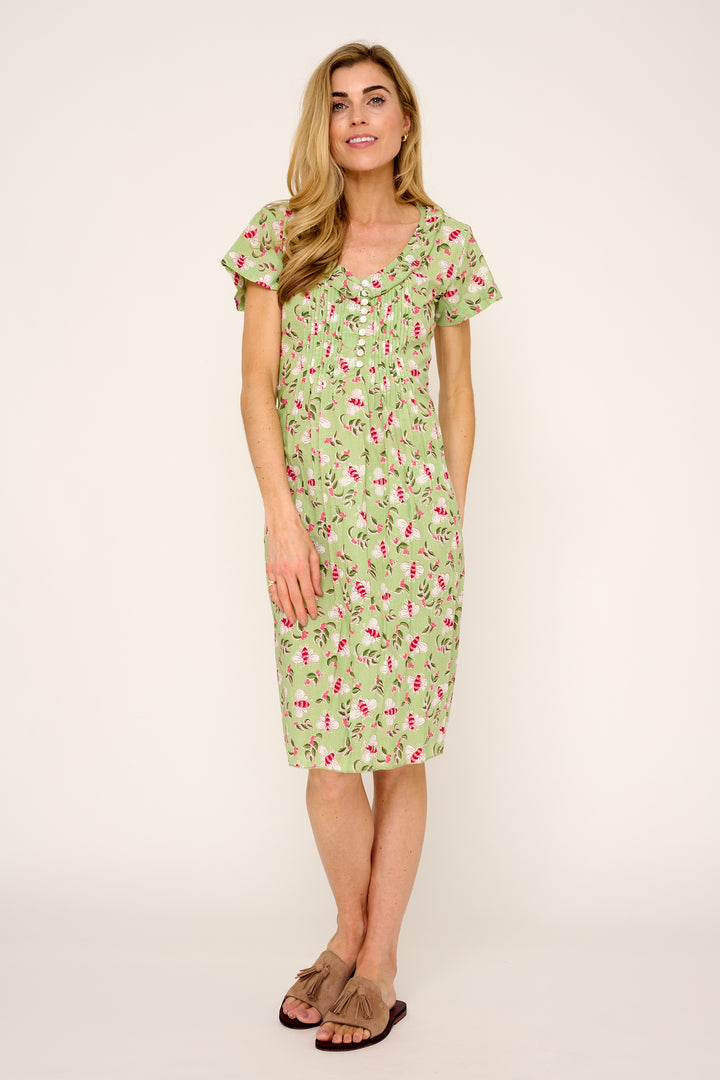 Cotton Karen Short Sleeve Day Dress in Pistachio with Pink Busy Bees