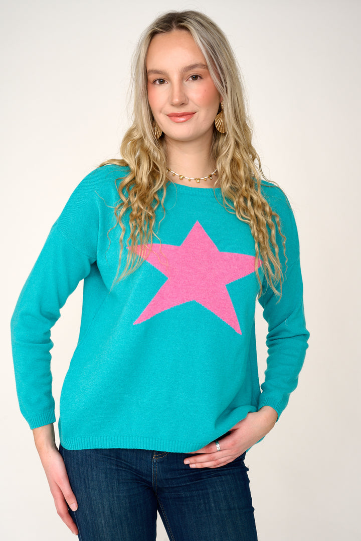 Cashmere Mix Sweater in Turquoise with Pink Star