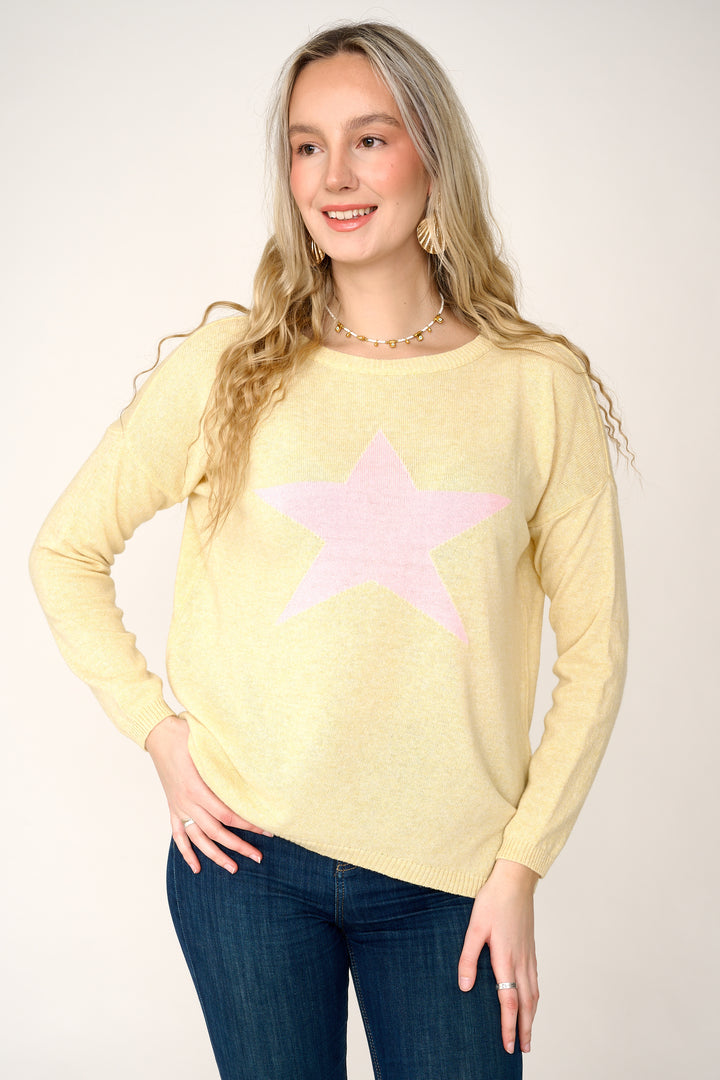 Cashmere Mix Sweater in Yellow with Baby Pink Star