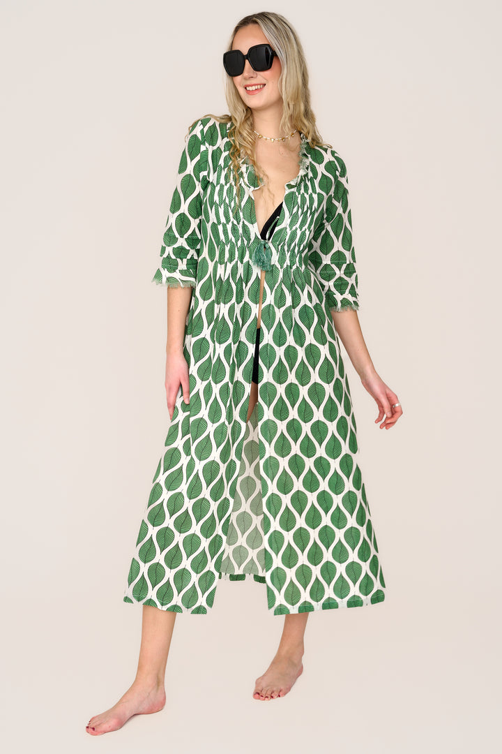 Cotton Annabel Maxi Coat in Green Leaf