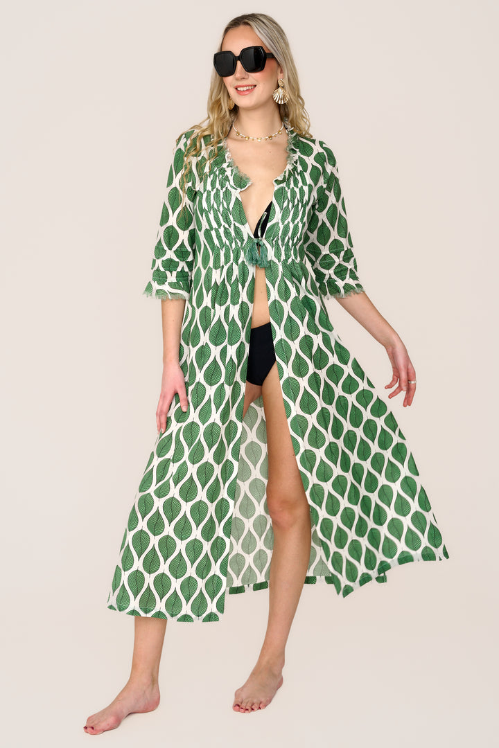 Cotton Annabel Maxi Coat in Green Leaf