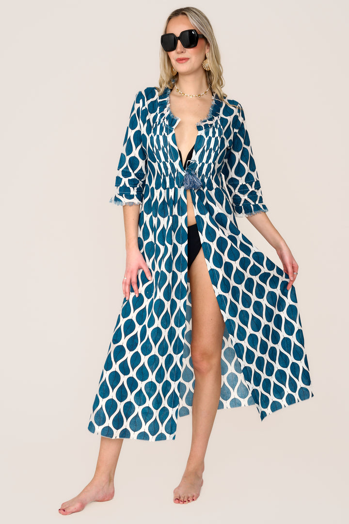 Cotton Annabel Maxi Coat in Blue Leaf