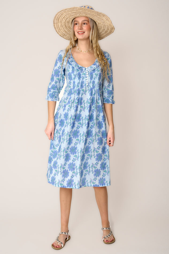 Cotton Karen 3/4 Sleeve Day Dress in Blue Pinstripe