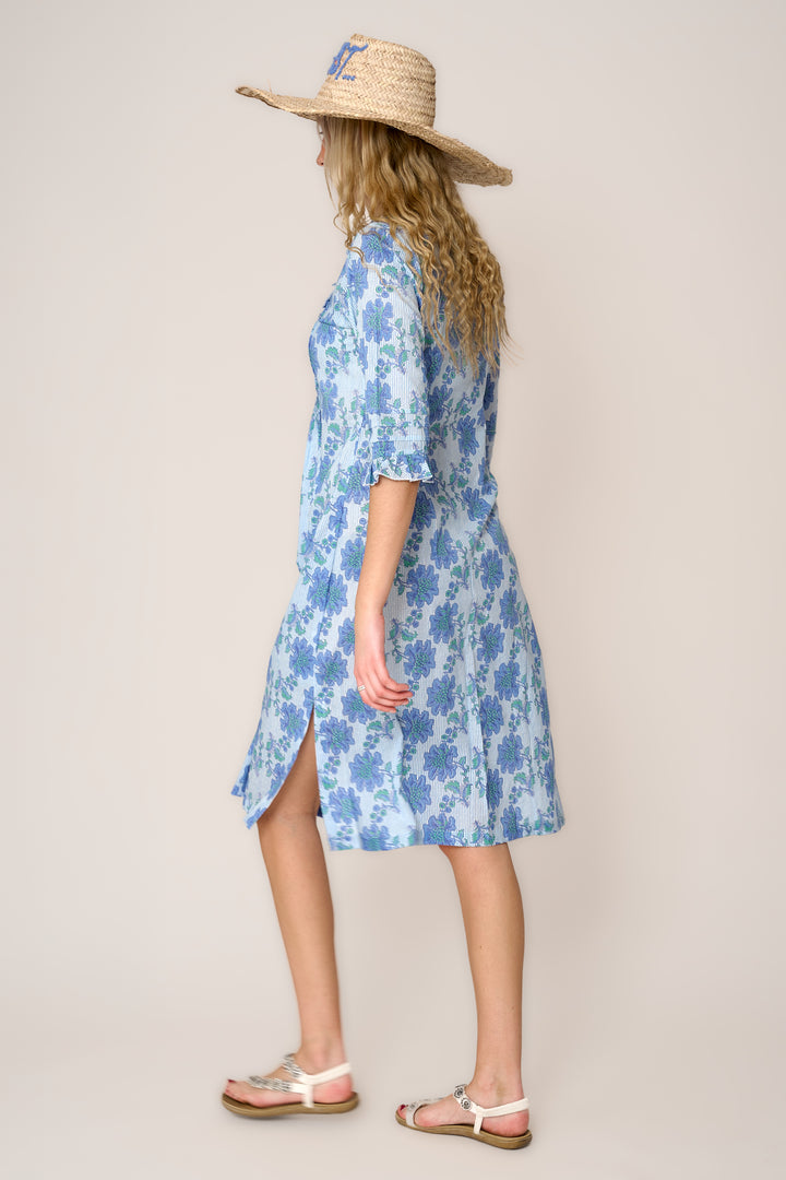 Cotton Karen 3/4 Sleeve Day Dress in Blue Pinstripe