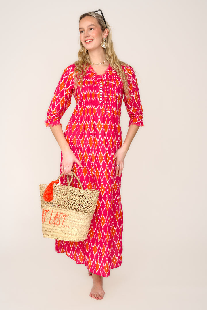 Cotton Annabel Maxi Dress in Fuschia & Orange Diamond