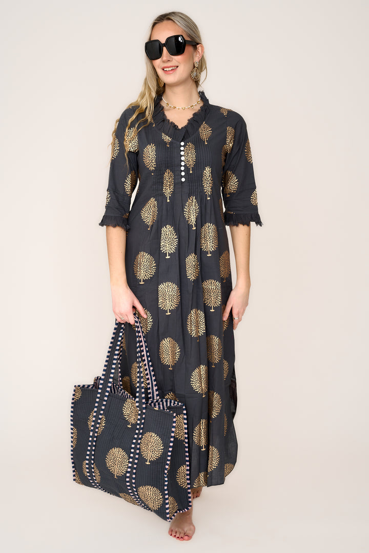 Cotton Annabel Maxi Dress in Charcoal Grey & Gold