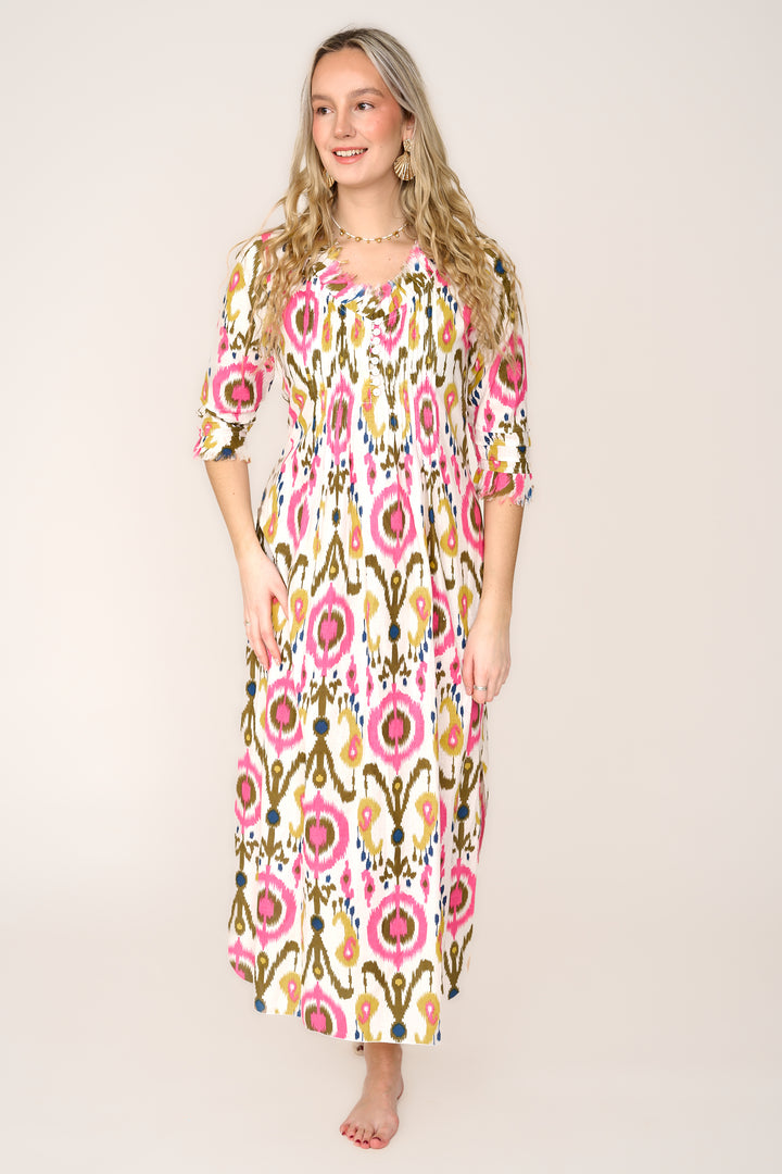 Cotton Annabel Maxi Dress in White Multi Ikat