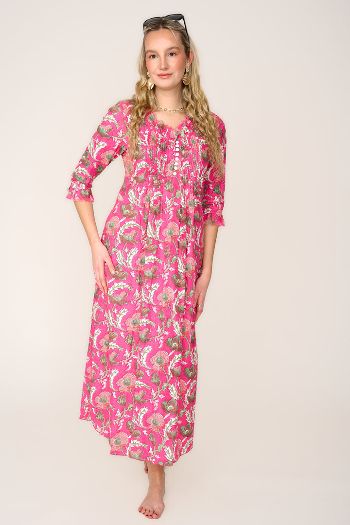 Cotton Annabel Maxi Dress in Pink & Green Flower