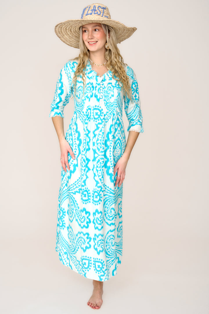 Cotton Annabel Maxi Dress in Turquoise & White Ikat