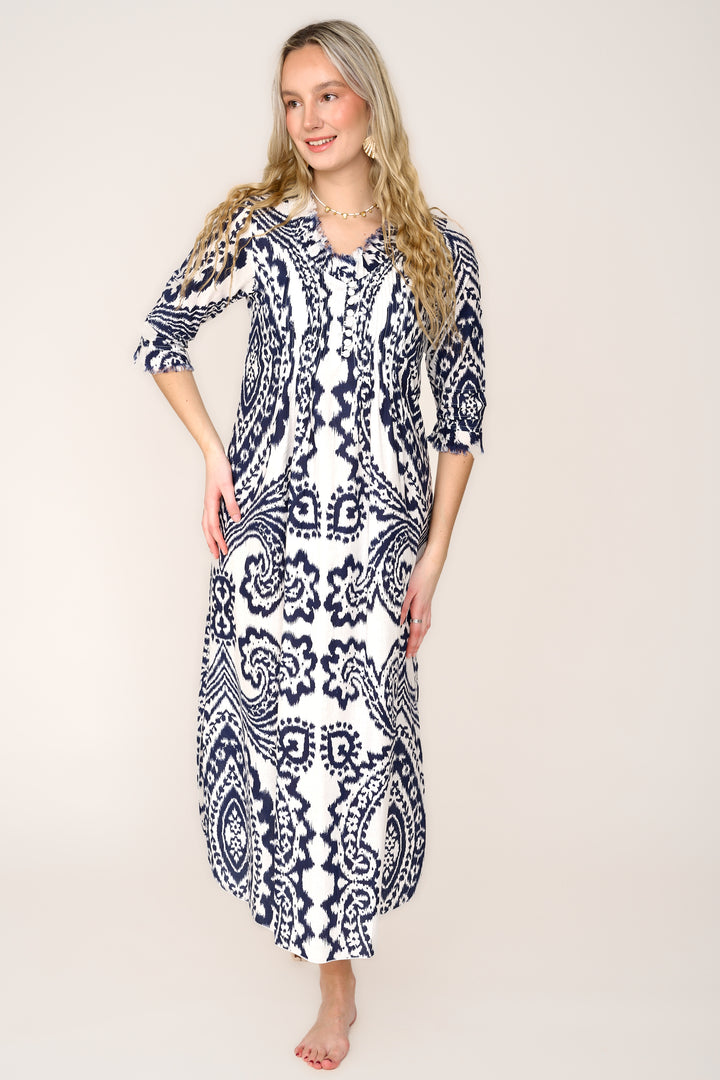 Cotton Annabel Maxi Dress in Navy & White Ikat