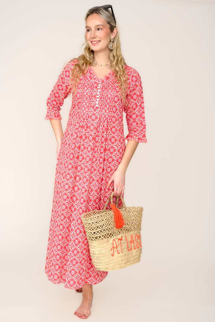 Cotton Annabel Maxi Dress in Coral & White Flower