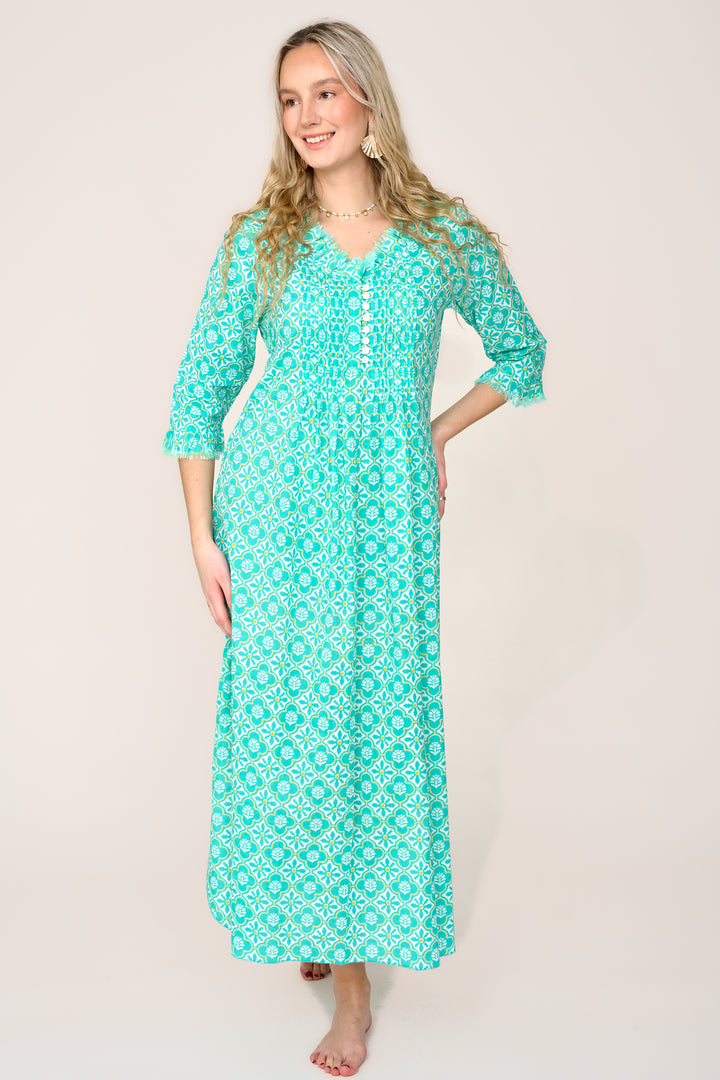 Cotton Annabel Maxi Dress in Turquoise & White Flower