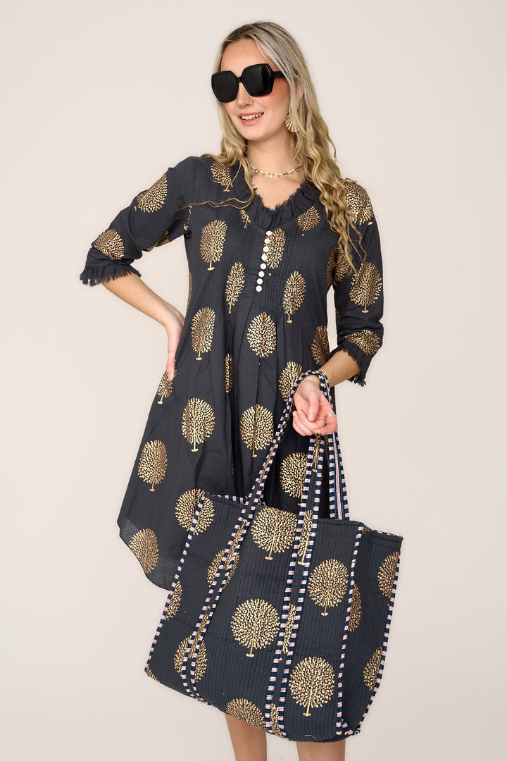 Annabel Cotton Tunic in Charcoal Grey & Gold