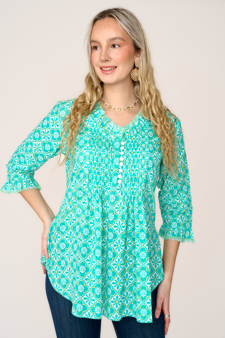 *PRE-ORDER - Coming Soon* Sophie Cotton Shirt in Turquoise & White Flower