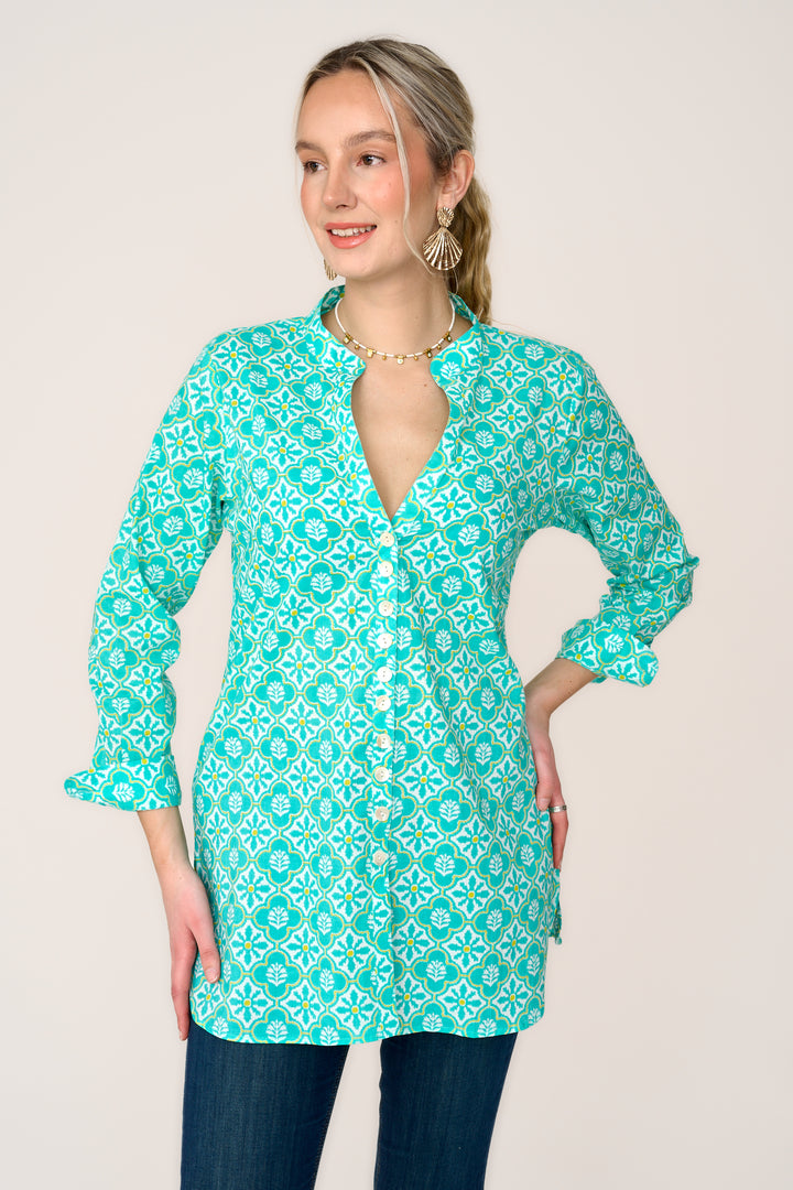 Cotton Louise Shirt in Turquoise & White Flower