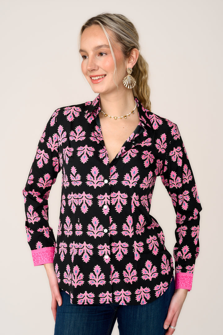 Freya Shirt In Black & Pink Thistle with Contrast Cuff