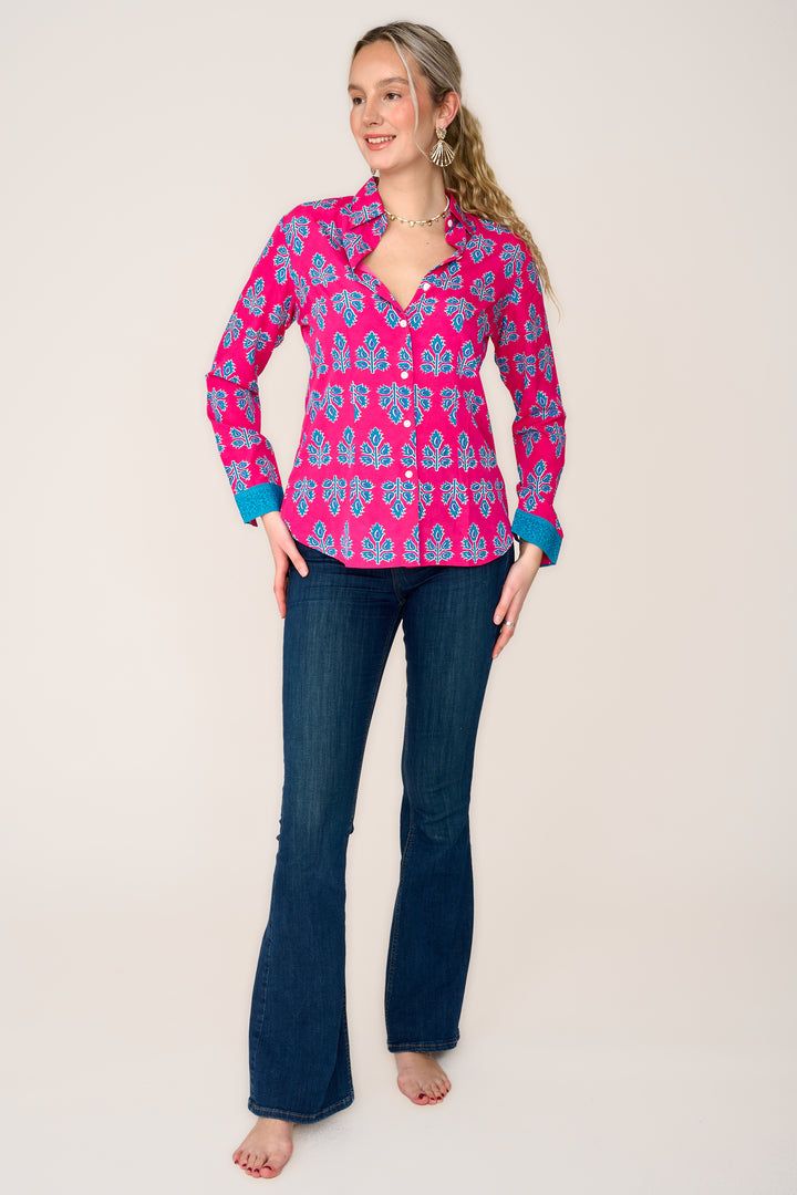 Freya Shirt In Pink & Blue Thistle with Contrast Cuff