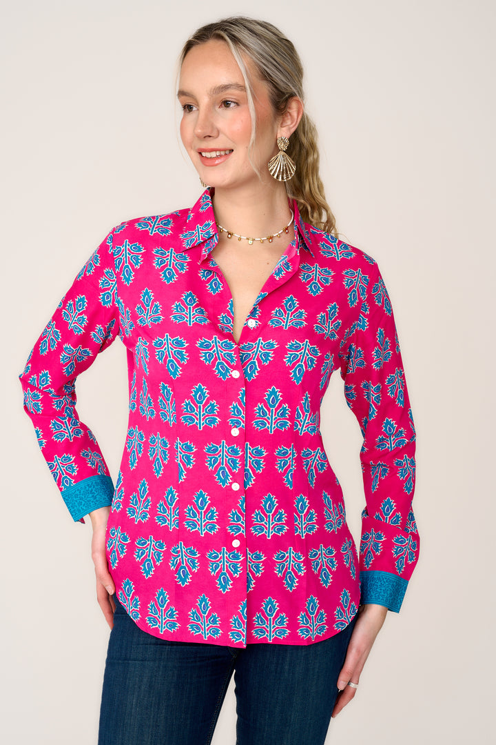 Freya Shirt In Pink & Blue Thistle with Contrast Cuff