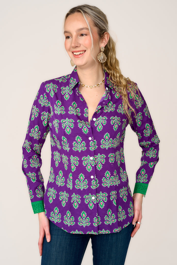 Freya Shirt In Violet & Green Thistle with Contrast Cuff