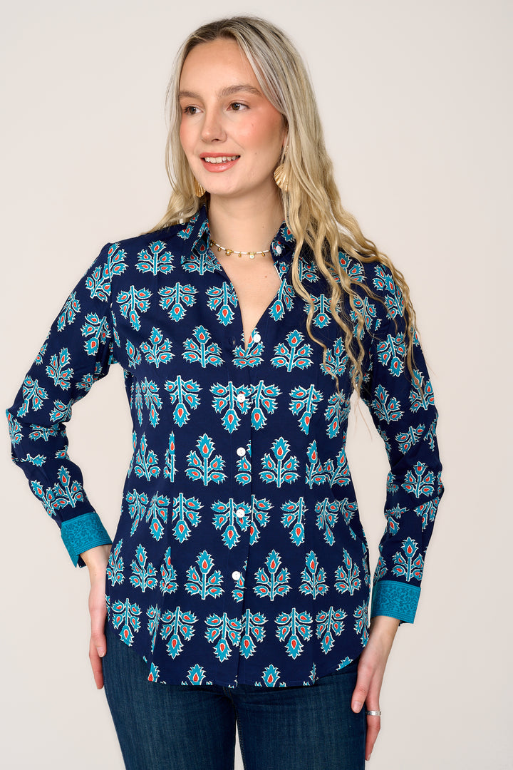 Freya Shirt In Navy & Blue Thistle with Contrast Cuff