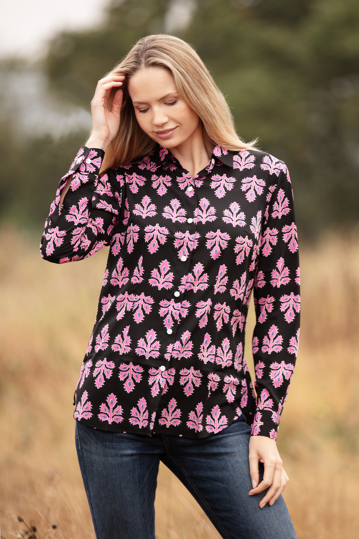 Freya Shirt In Black & Pink Thistle with Contrast Cuff