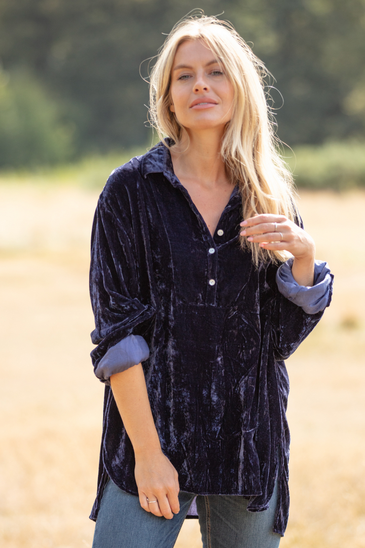 Ava Oversized Silk Velvet Shirt In Navy