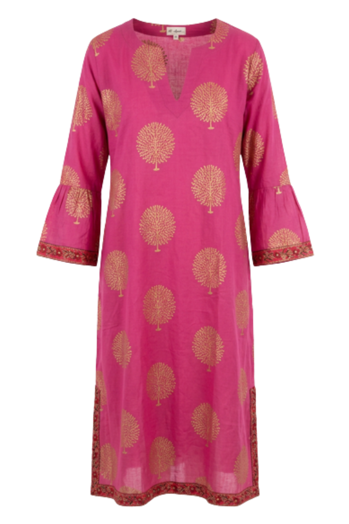 Cotton Belle Kaftan Dress in Bubblegum Pink & Gold