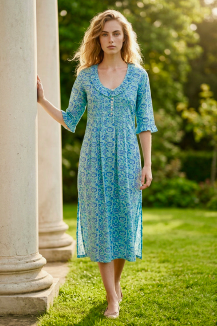 Cotton Karen 3/4 Sleeve Day Dress in Seagreen