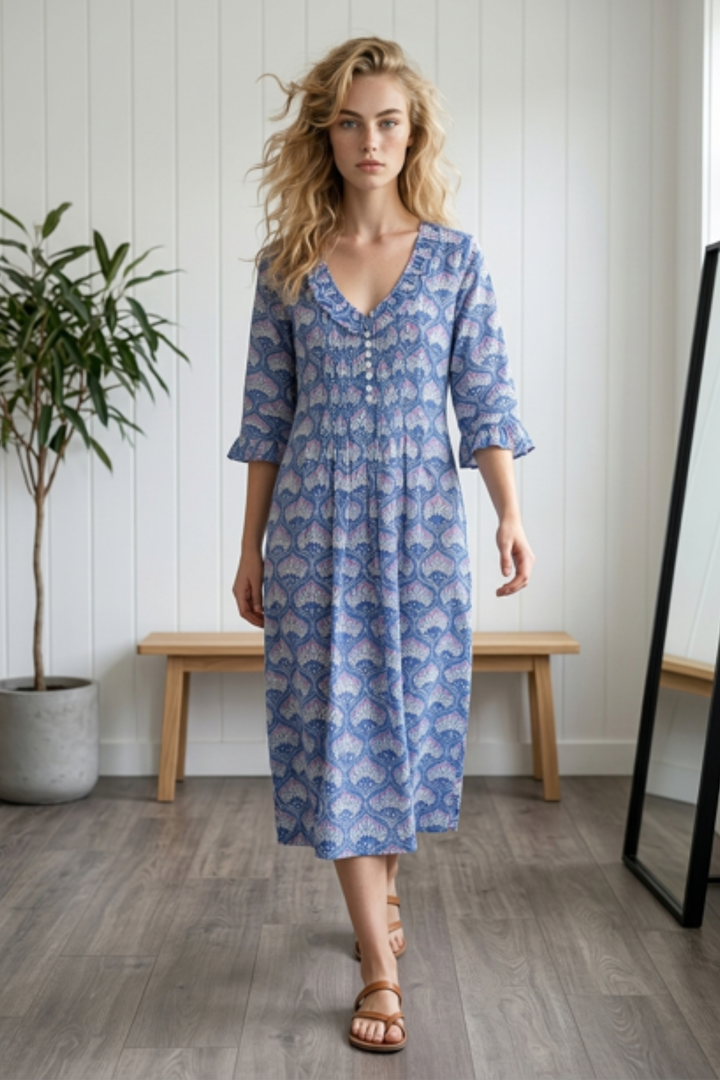 Cotton Karen 3/4 Sleeve Day Dress in Wedgewood Blue & Pink