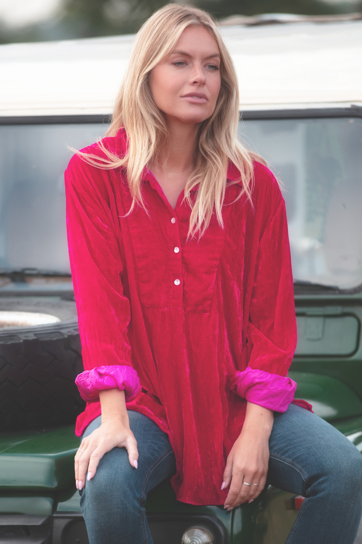 Ava Oversized Silk Velvet Shirt In Hot Pink