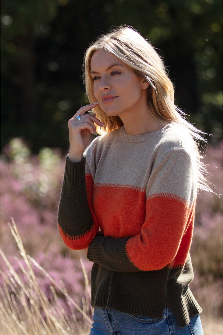 Cashmere Mix Sweater In Beige, Orange & Olive Stripe