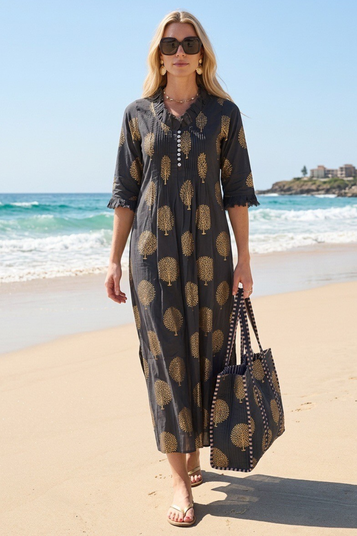 Cotton Annabel Maxi Dress in Charcoal Grey & Gold