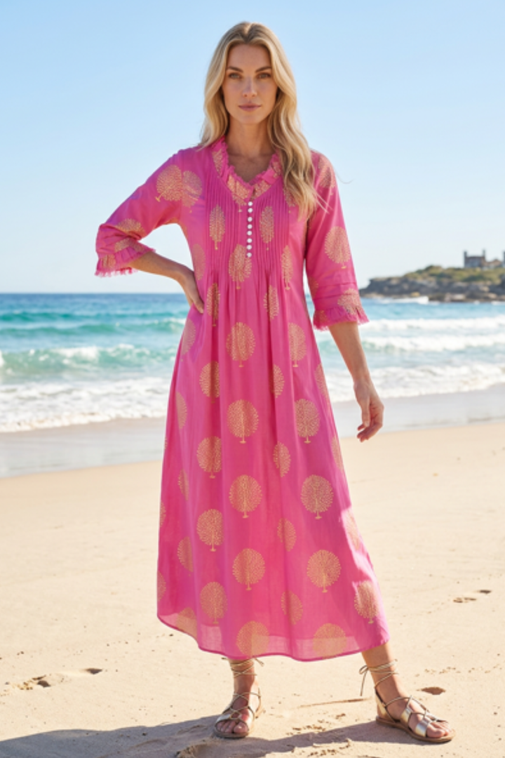 Cotton Annabel Maxi Dress in Bubblegum Pink & Gold